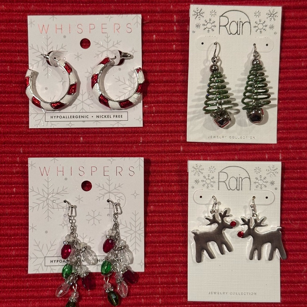 Holiday Pierced Earrings, Reindeer, Christmas Trees, Candy Canes, Bulbs, 4 Pair